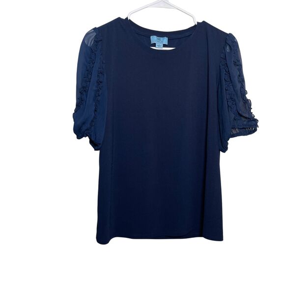 Cece Blouse Women's Large Blue Puff Sleeve Ruffle Short Sleeve Mesh Top - Picture 1 of 9